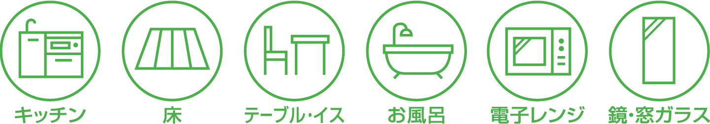 キッチン、床、テーブル・イス、お風呂、電子レンジ、鏡・窓ガラス